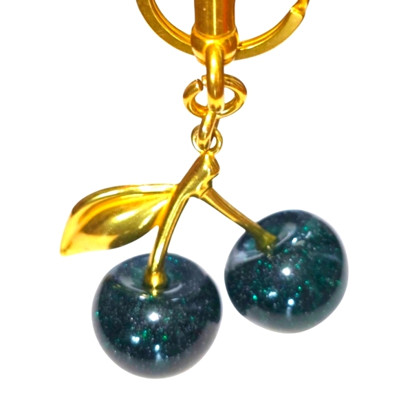 New Hunter Green Glitter Cherry Purse Charm Keyring with Matte Gold Accents - Picture 1 of 2